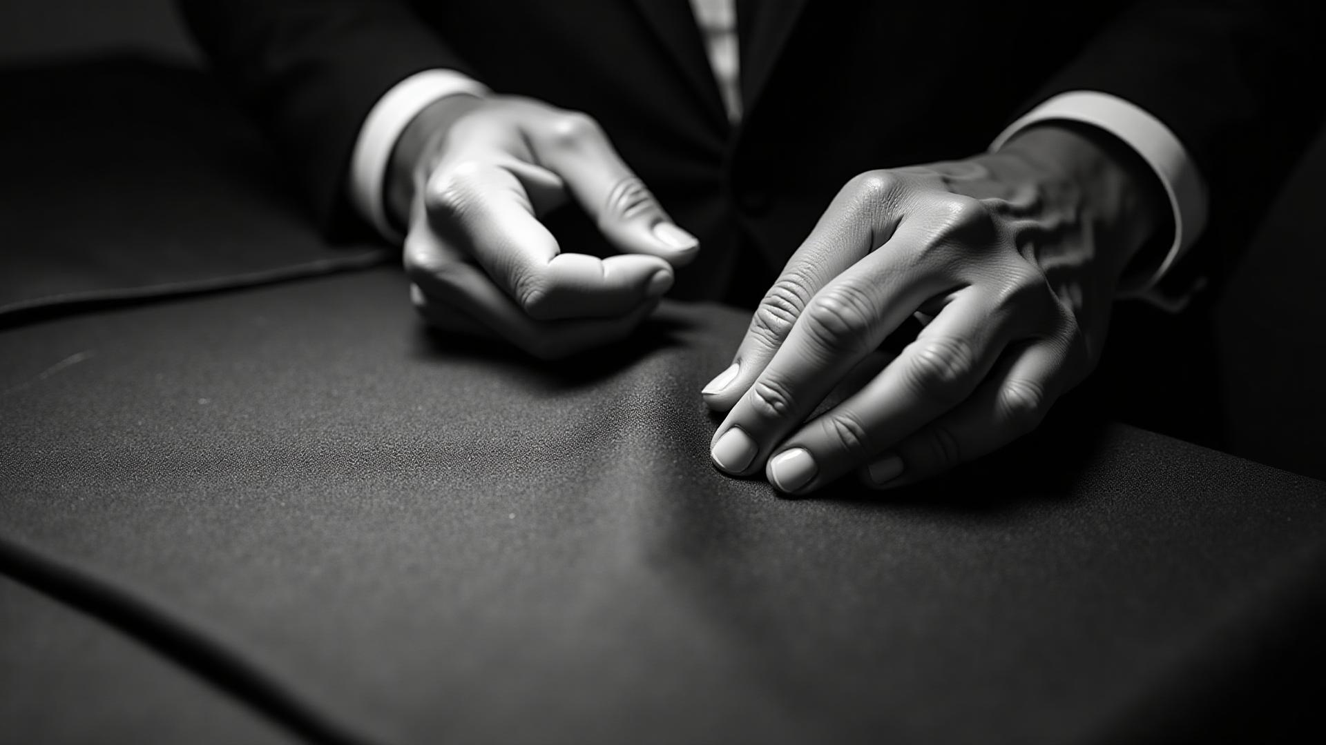 Tailor's hands feeling suiting cloth — hospitality uniform project